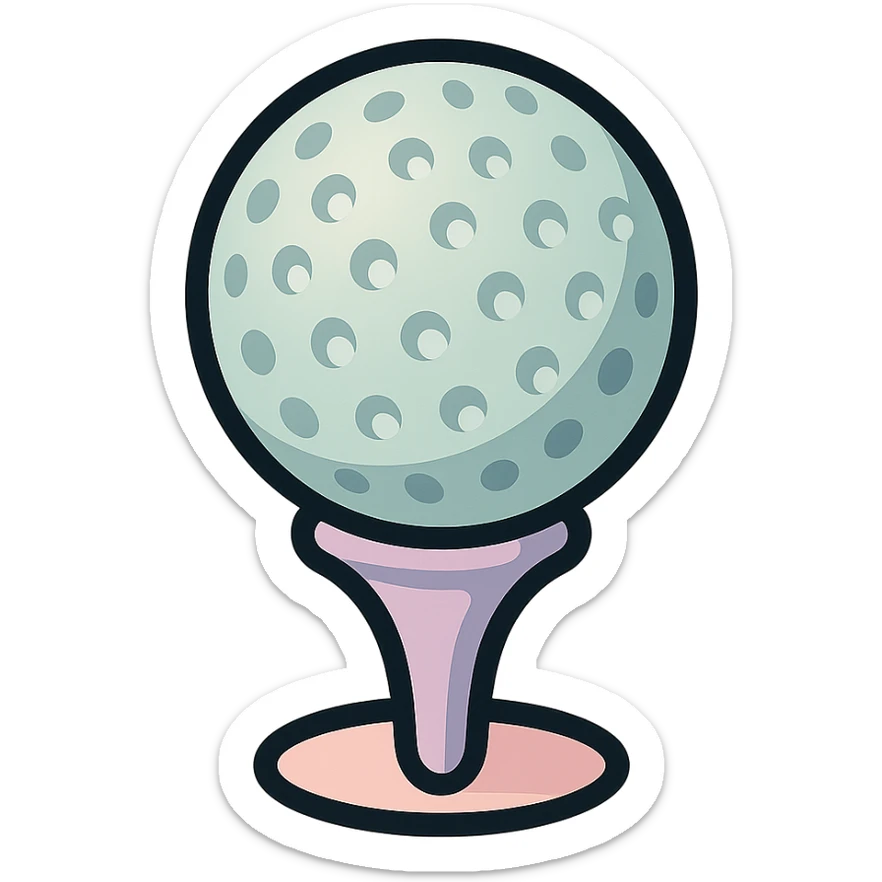 close-up of golf ball on a tee stand, icon-color-outlined style, detailed shading, thin clean outlines, soft rounded features, pastel palette #98B5BC #B5B3C1 #C9A3C9 #E4C0CA #F7DCD1 #F7C0AA, Japanese pop art, sticker look, highly detailed, vector clarity, soft lighting, subtle shadows, transparent background sticker