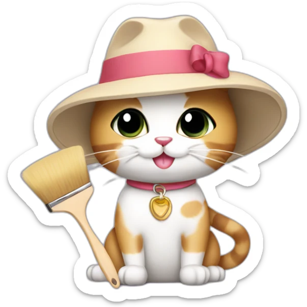 Kawaii cat artist in hat holding palette and brush so it can be used as a mouse cursor sticker