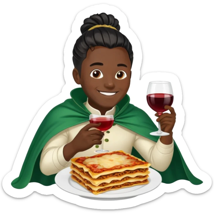  High fade widows peak ponytail dreadlock male black hair dark skin smiling and nigerian cape eating lasagna and wine while flying sticker
