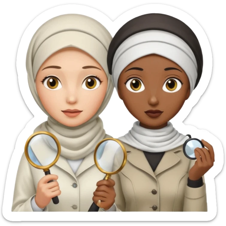 one wite hijabi one dark skin with her hair  out and hand lens and hat like true private inbestigators sticker