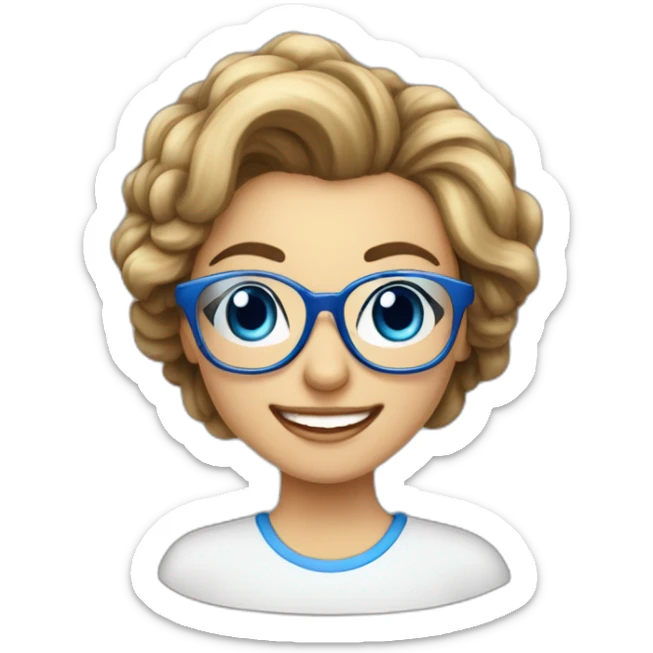 Mujer-pelo casi blanco-corto- con gafas azules- sonriendo-escribiendo en ordenador sticker