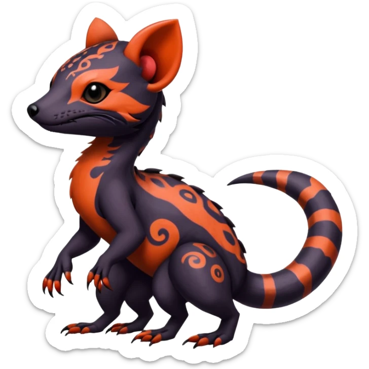 Rare warm-colored exotic gloomy tropical edgy cute epic aesthetic spooky  gothic colorful Salandit-Noibat-Civet-species-Fakemon-hybrid-creature, with tribal tattoo markings, full body sticker