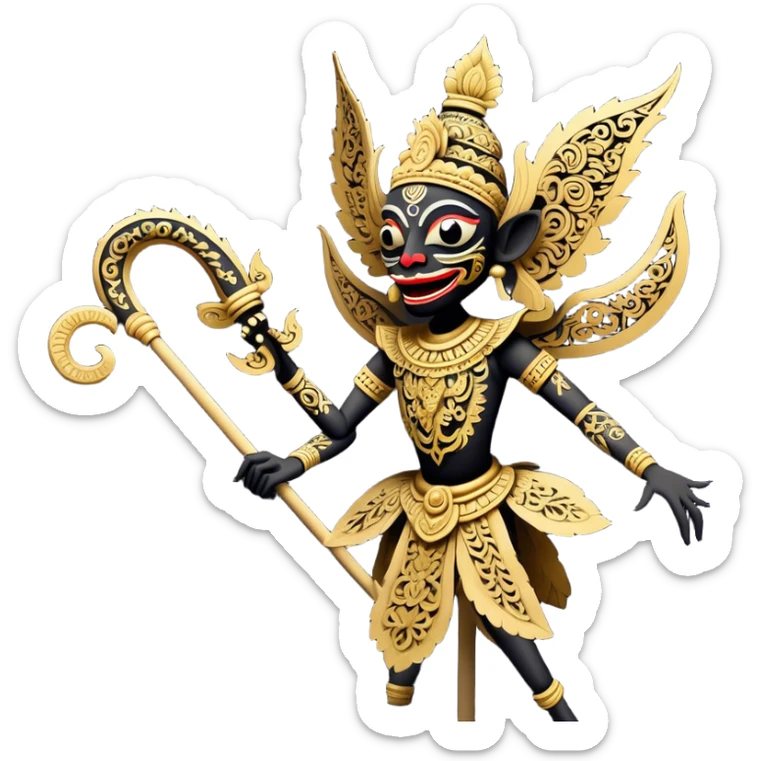 Wayang – Cinematic Realistic Wayang, depicted as intricately carved traditional Indonesian shadow puppets with expressive features and vibrant cultural motifs, set against a dark, dramatic backdrop with subtle glowing highlights that evoke the mystical art of shadow play. sticker