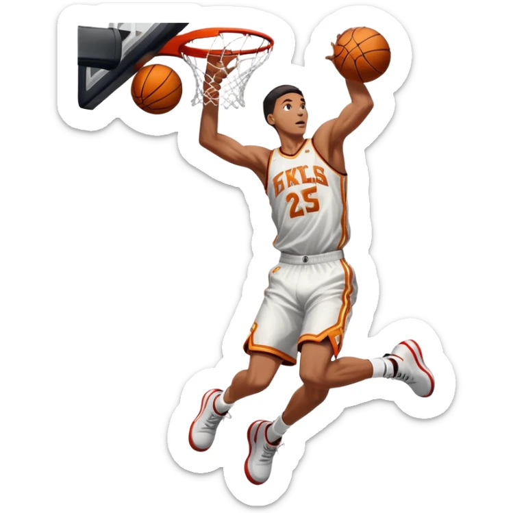 An icon showing a close-up of a basketball player in mid-air, performing an impressive dunk, inspired by NBA 2K25. The player is focused, with the ball in hand and the court in the background. Bright lights emphasize the action and excitement. Transparent background. sticker