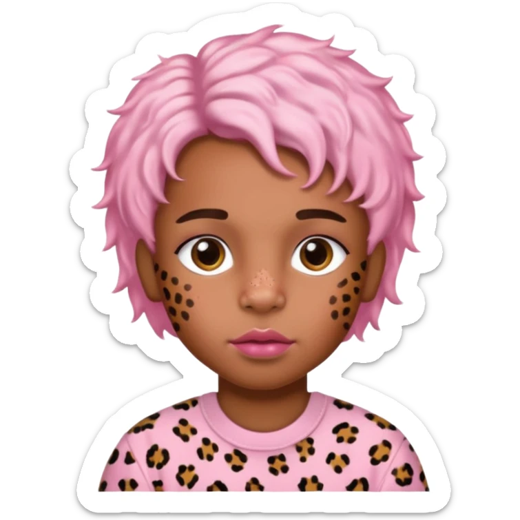 brown-skin boy with baby pink blush and glossy lips and leopard print hair ￼ sticker