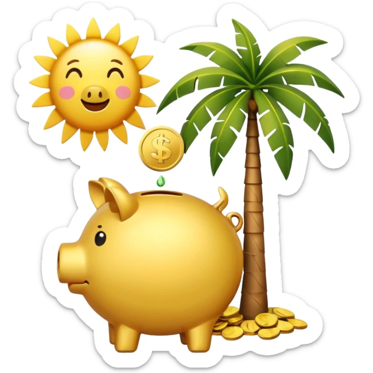 A simple emoji-style icon: A piggy bank with a coin dropping into it, next to a small palm tree and sun, symbolizing saving today for retirement tomorrow. Minimalist, clean design, consistent with emoji aesthetics. sticker