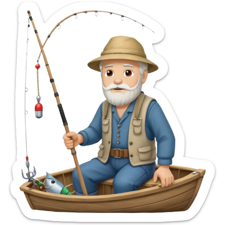 an old white haired, bearded man in fisherman attire, sat in a big boat on a calm sea, holding one fishing rod in one hand, with the end of the fishing line touching the water sticker
