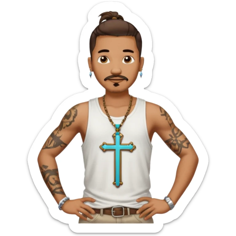 Deci creează mi un emoticon cu un băiat mai creol care are doar o coadă are cercel intr o ureche are tatuaje și barba cioc și mustața și are lanț la gât cu cruce vreau să fie cu totul cu tot cu corp și cercel vreau să aibă doar intr o ureche nu în ambele  sticker