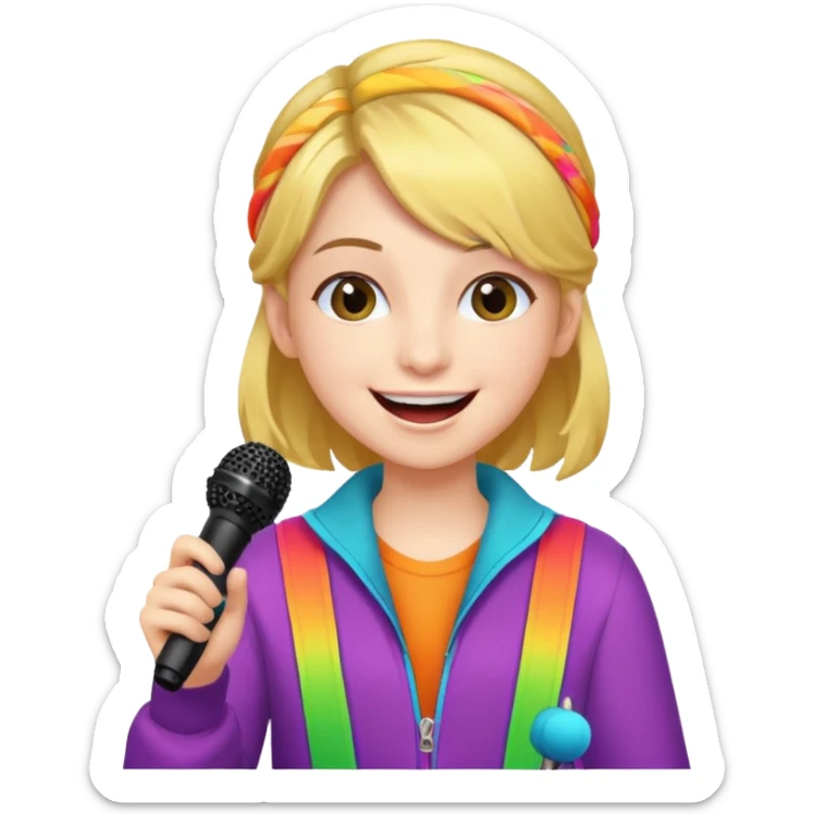 A cheerful teen singer with colorful outfit, performing with big smile. sticker