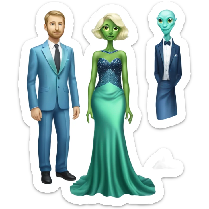 alien reptilian green skin woman, in long slim pastel blue formal party satin dress with gradient shiny sparkling navy blue diamonds embroidered , and caucasian man in black dres on his knees asks her to marry her sticker