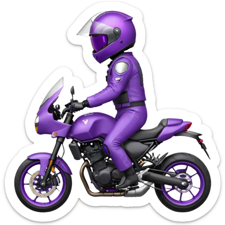 Créer un emoji avec une moto mt07 sport noir mate / violet iridescent très foncé. Avec une pilote dessus visière violet sombre faceless, bulle de la moto violet. Avec fond arrière violet, tenue complète casque inclus violet  sticker
