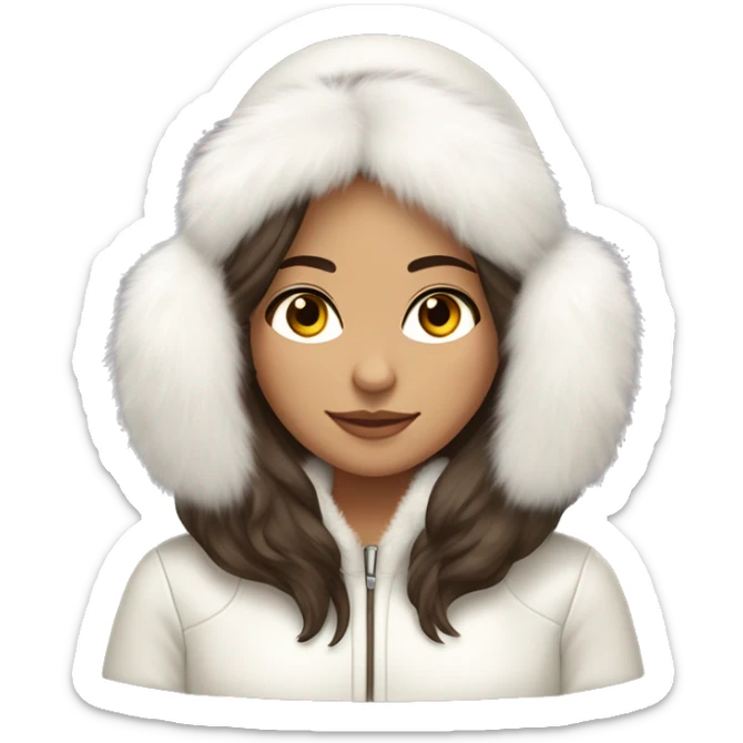 brunette girl with long hair with a light olive skin color and brownish eyes wearing fluffy white ear muffs and a white fur coat  sticker