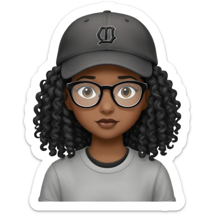 Nữ 15 tuổi, da đen, đeo kính gọng màu đen, tóc dài( màu đen, xoăn), mũ lưỡi trai đội ngược ra đăng sau, áo màu ghi sticker