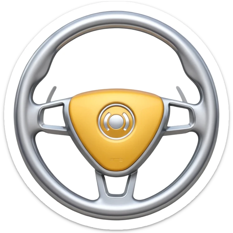 A futuristic steering wheel emoji made of silver chrome, minimal geometric design, smooth metallic surface, soft reflections, iOS emoji style, centered, clean white background sticker