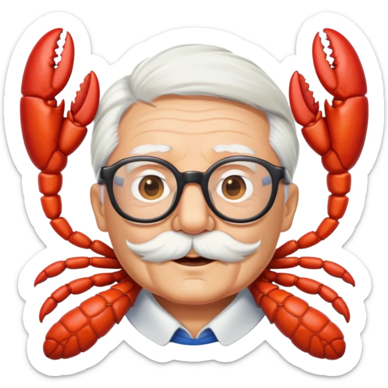 senior lobster with white hair and glasses, elderly lobster character with white eyebrows and whiskers, wearing round glasses sticker
