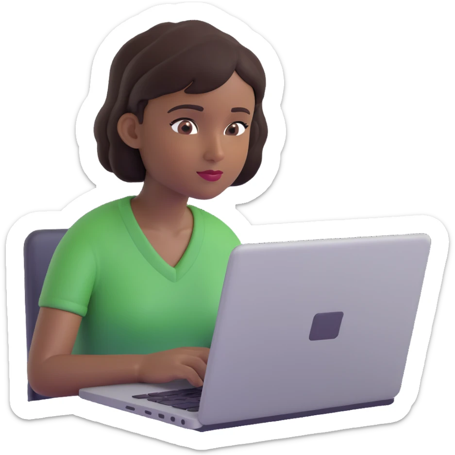 memoji-style young woman with short dark hair and dark skin tone, focused on her laptop, minimal background sticker