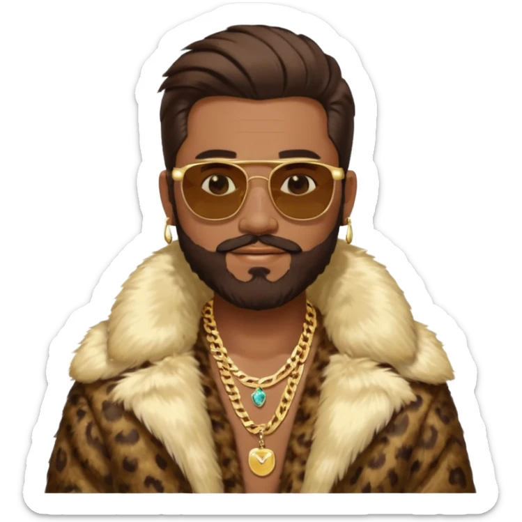 émoji homme barbu, cheveux bruns plaqués collés au crane avec raie au milieu, grosses lunettes de soleil rectangulaires à grosse branches, gros bijoux en or (chaine, montre,) manteau de fourrure très fluffy sur les épaules sourire en coin, boucles d'oreilles sticker