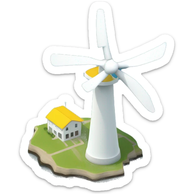Offshore wind turbine with white blades, white tower and yello foudnation, surrounded by water sticker