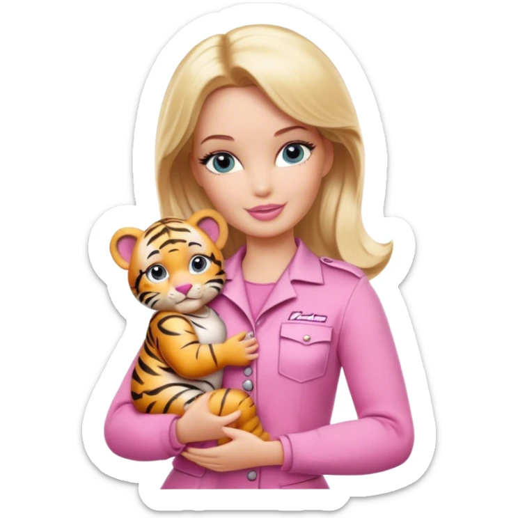 Blonde zookeeper Barbie wearing pink outfit, holding a baby tiger sticker