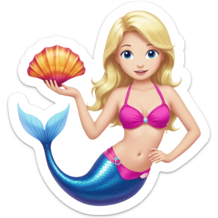 mermaid woman with blonde hair and blue eyes a pink bikini top and hot pink tail holding a shell sticker