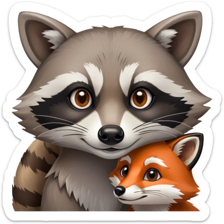 Collage of a raccoon and a fox, in close-up, set in a beautiful forest with tall trees, green bushes, and sunlight filtering through the leaves and flowers. A vibrant, wild atmosphere with a transparent background. sticker