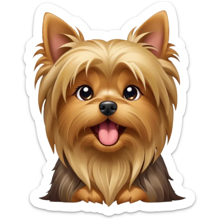 Cinematic Cute Yawning Yorkshire Terrier Portrait Emoji, Head tilted with a playful, drowsy expression and droopy, adorable eyes, featuring a soft, well-groomed fur in rich hues, simplified yet irresistibly endearing, highly detailed, glowing with a warm, cozy radiance, high shine, exuding a relaxed yet spunky charm, styled with a gentle, soft glowing outline, capturing the essence of a Yorkshire Terrier mid-yawn that seems as if it could cuddle right off the screen! sticker