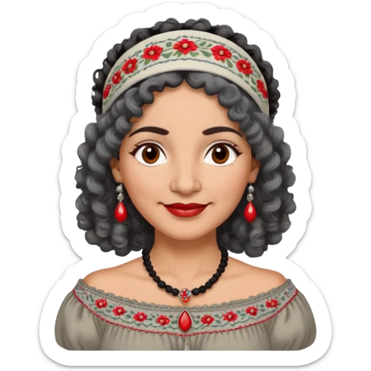 Latina woman, about 50 years old, warm light brown skin, round soft face, curly black and gray hair, red and white headband, medium eyes, thin eyebrows, gentle smile, gray peasant blouse with embroidery, bare shoulders, large dark necklace sticker