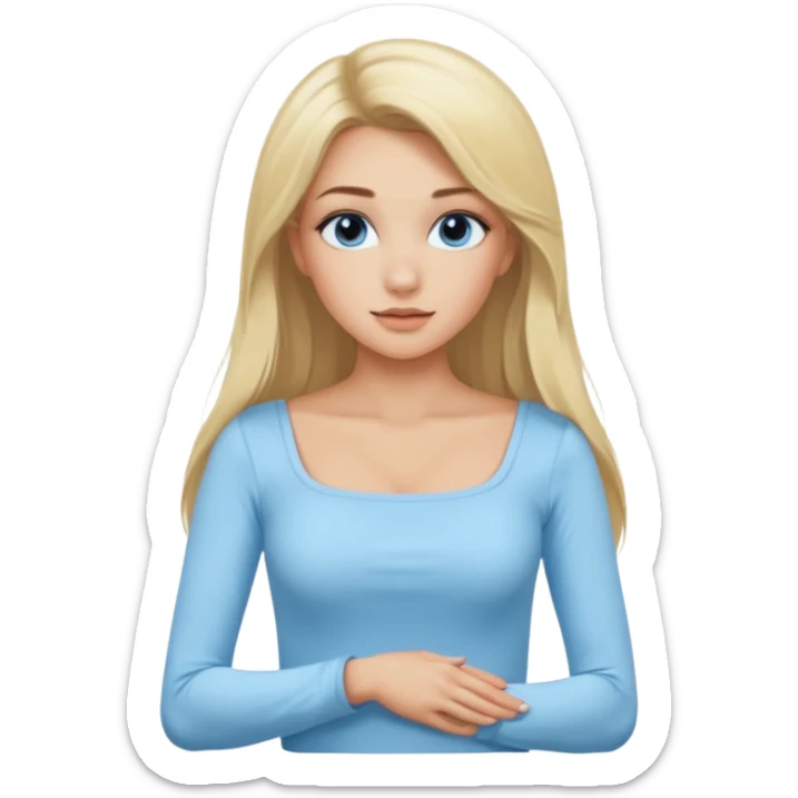 pretty girl blonde long hair makeup baby blue skin tight square neckline long sleeve top sticker