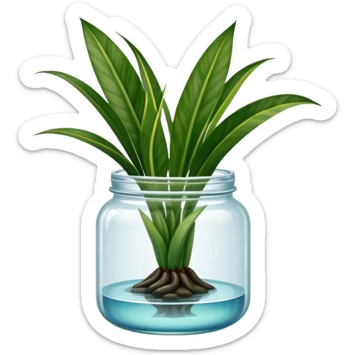 Snake plant with these exact leaves, no background, containe in a glass jar with water up to the middle sticker