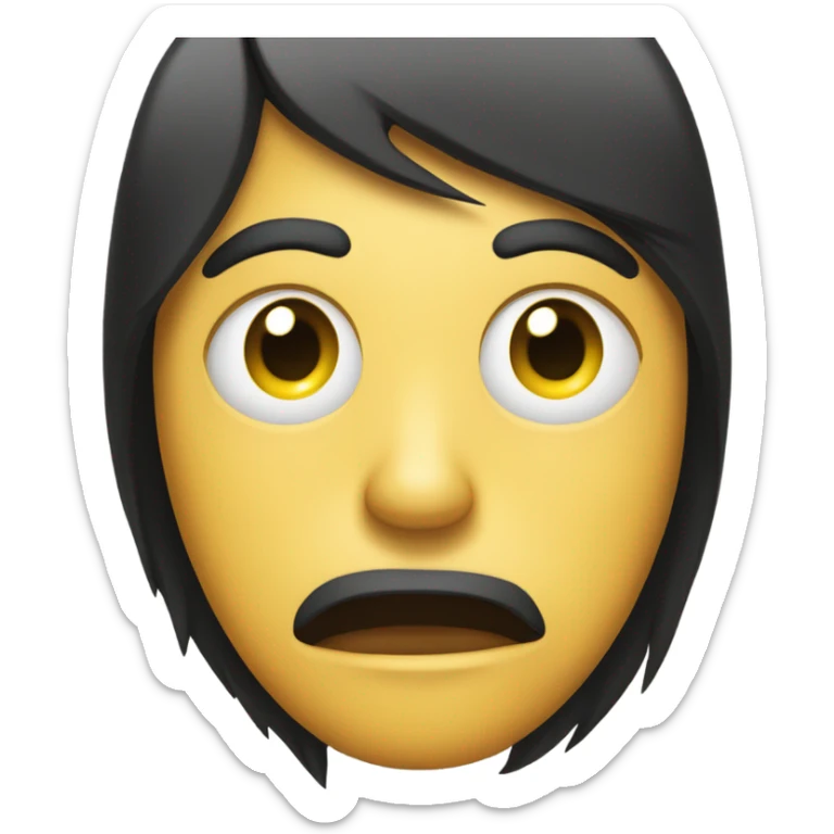 A round yellow emoji with an oversized eye on the left and a straight, black hairstyle partially covering the forehead. The mouth is a neutral line, conveying a sense of indifference or surprise. sticker