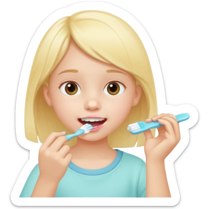 little girl brushing her teeth, pastel portrait, bright nourishing morning atmosphere, soft focus sticker