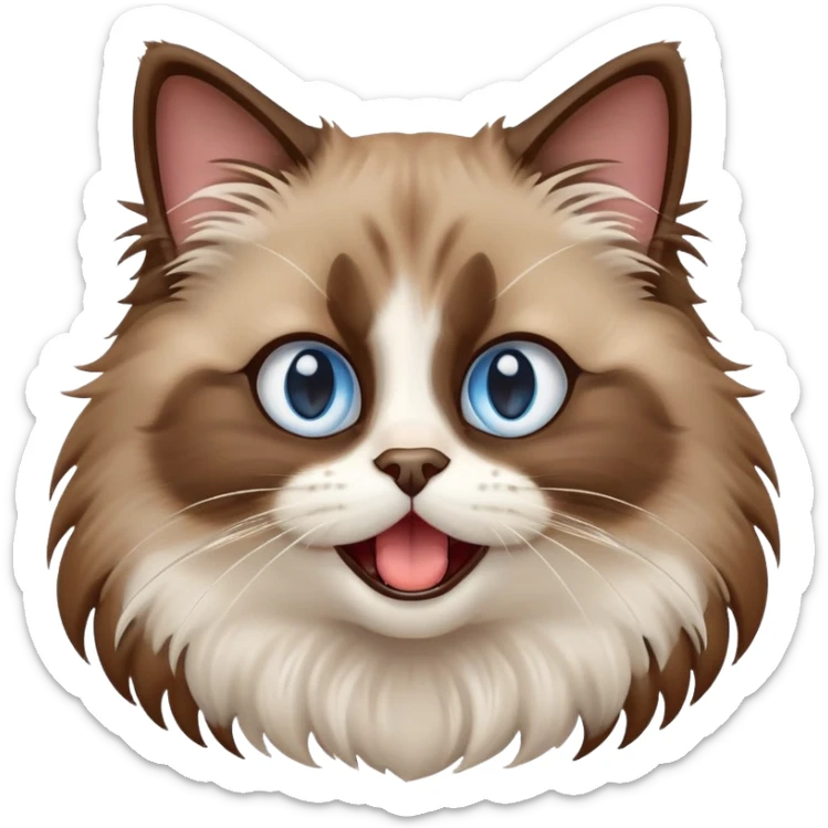 cinematic-adorable-big-eyed-fluffy-brown ragdoll-cat-portrait-emoji,-head-tilted-playfully-with-a-cute,-yawn,-white and brwon fur,-simplified-yet-irresistibly-cute-features, blue eyes sticker
