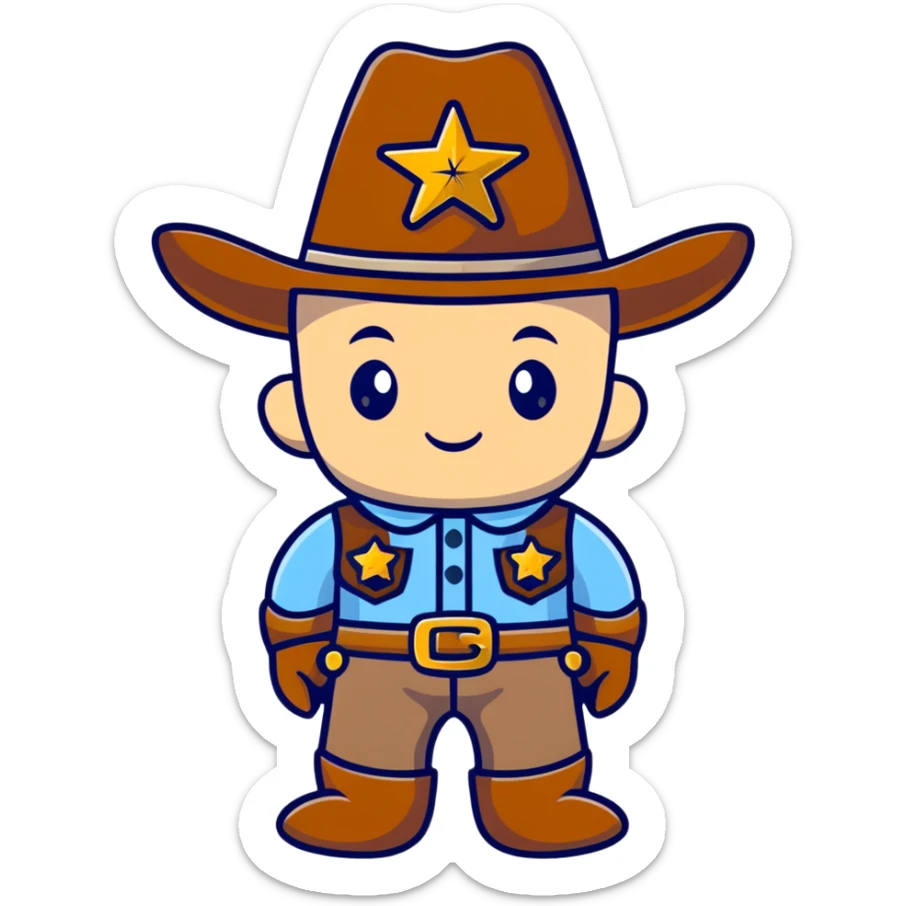 A cartoon stuffed baby cowboy toy with star-shaped patches and a little sheriff badge sticker