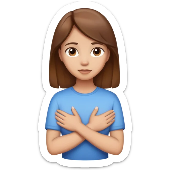 Make an emoji of a girl with brown hair with her hands crossed against her chest sticker