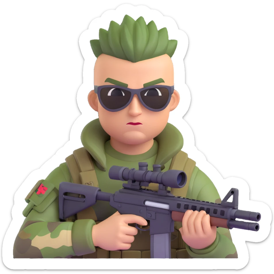 Add camouflage face paint to the muscular soldier, keep the mohawk hairstyle and sniper rifle, preserve 3D emoji style, no background. sticker