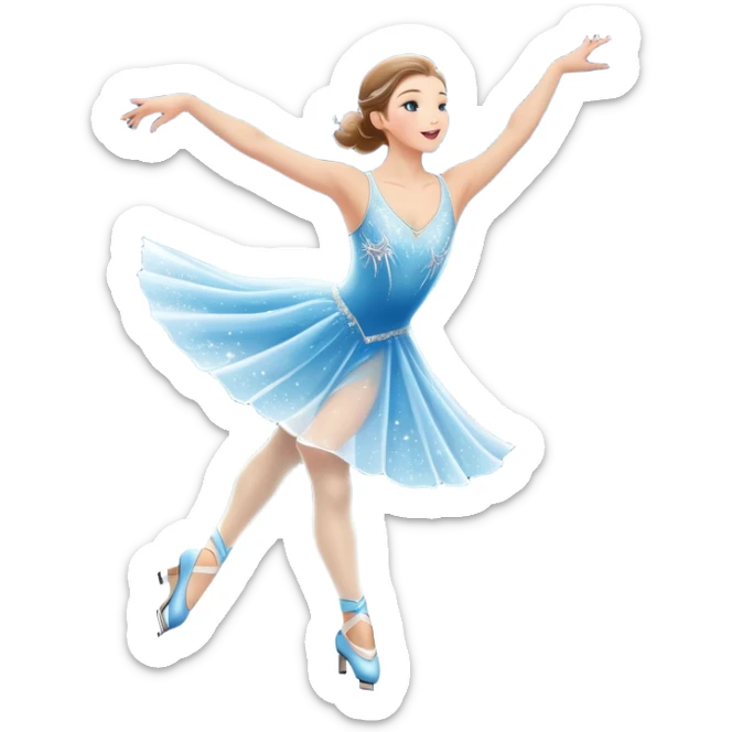 An icon showing a graceful figure skater mid-spin on a sparkling ice rink, wearing an elegant costume. The background features festive arena lights, snowflakes, and cheering spectators. Transparent background captures the beauty, artistry, and elegance of figure skating. sticker