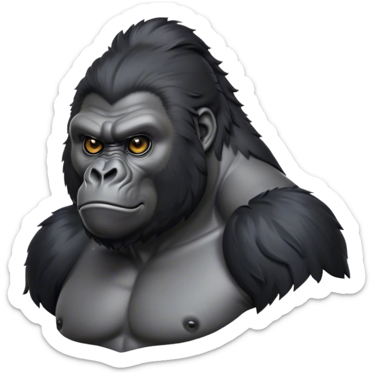 Cinematic Noble mountain Gorilla Portrait Emoji, Poised and majestic, with a powerful, muscular frame accentuated by a distinguished black and grey mane and piercing, wise eyes, Simplified yet sharp and sophisticated features, highly detailed, glowing with a soft, regal jungle glow, high shine, intelligent and commanding, stylized with an air of imperial strength, focused and resolute, soft glowing outline, capturing the essence of a watchful guardian that feels as though it could step out of the screen with effortless authority! sticker