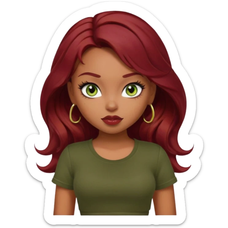 a pretty fair bratz girl with wavy dark red hair, wearing a black tee. eyeliner on, olive green eyes. Till stomach sticker