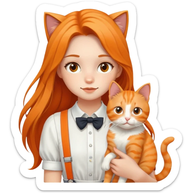 Hundred Girls-Long Hair-White Suspenders-Holding Tightly-An Orange Cat sticker