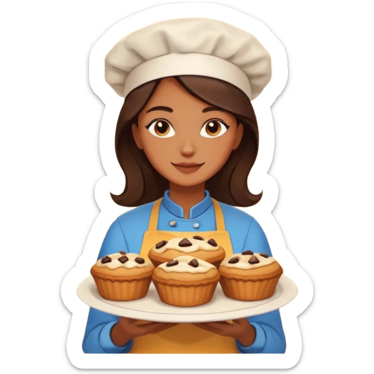 Baking community woman avatar in vibrant style illustration. Pie, cookie, and muffin warm golden tones, simple shapes, flat design, high contrast. sticker