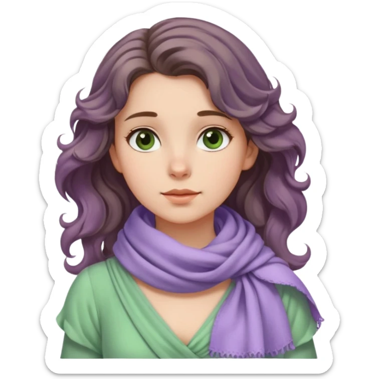 A girl with wavy hair, a lavender scarf around her neck, and a soft green dress, gazing into the distance. sticker