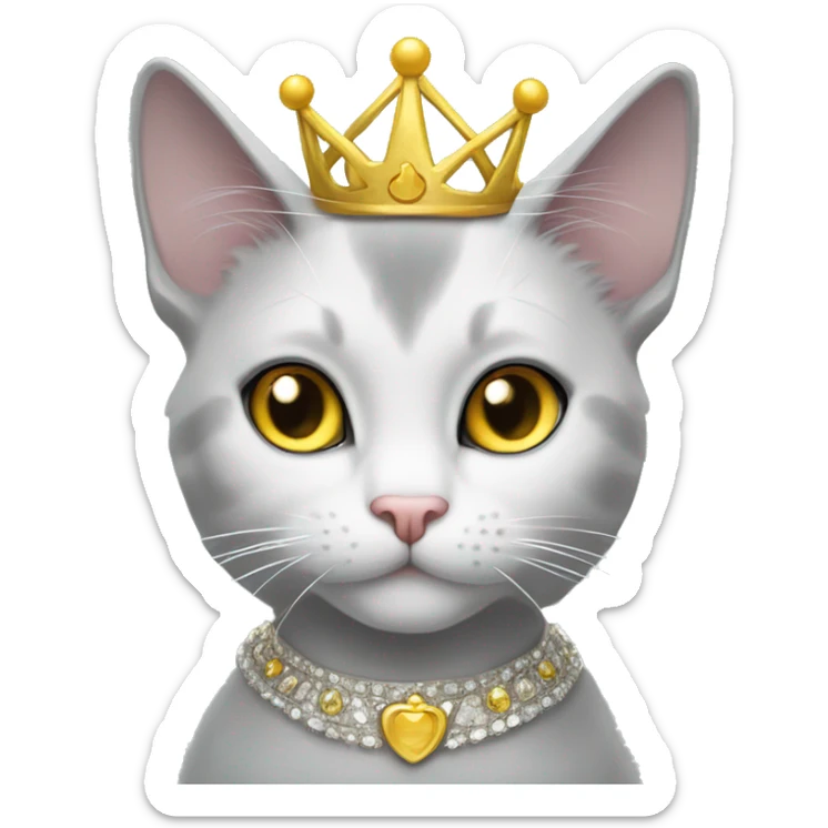 gray and white tuxedo cat with yellow eyes wearing a princesscrown  sticker