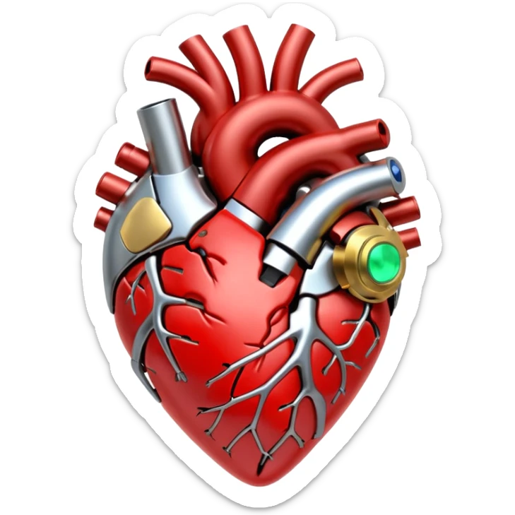 3D render of Mechanical Heart, futuristic cyborg aesthetic, fusion of organic skin and chrome metal, gold brass valves mixed with red muscle tissue, exposed wiring, emoji style, isolated on white background --v 6.0. sticker