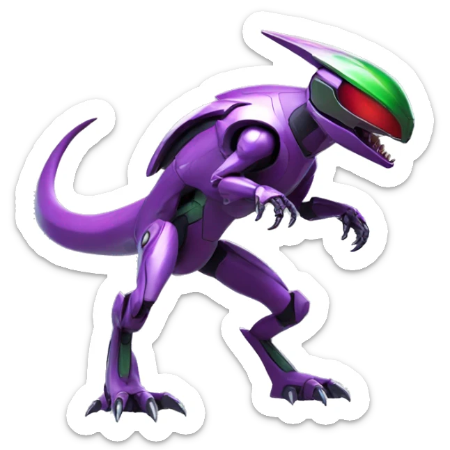 a shiny purple-green-red Genesect-Raptor-Fakémon—hybrid with a futuristic visor-helmet full body sticker
