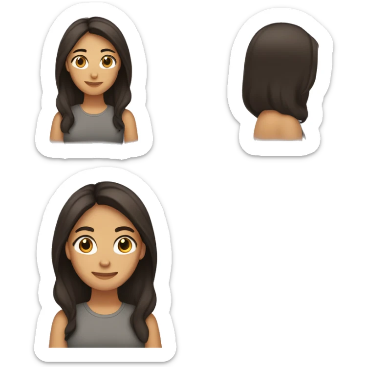 woman tan skin long dark brown hair, dark brown eyes, t-shirt sticker