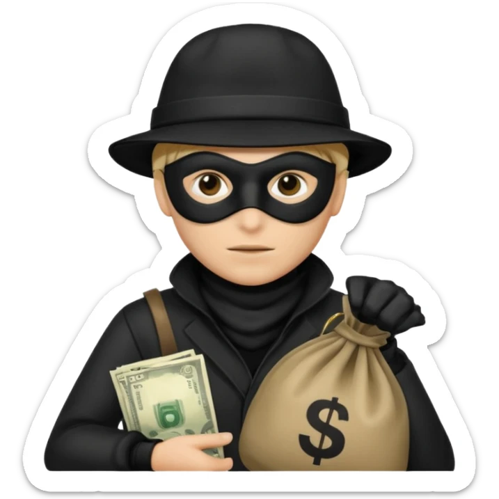 A emoji of a person wearing a robber outfit and a black hat and a black mask and a Money Bag sticker