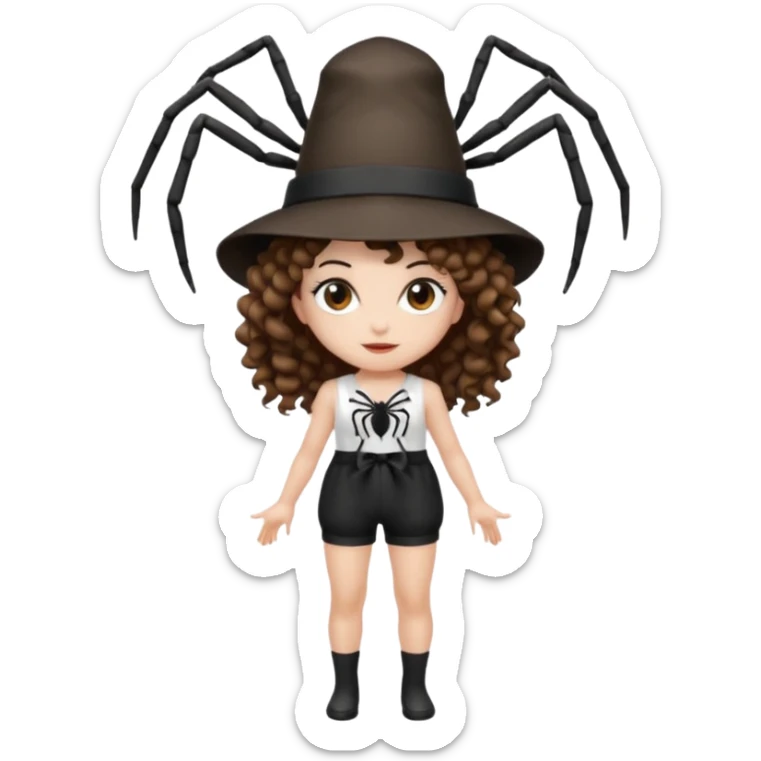 full body woman short curly brown mullet hair brown eyes white skin wearing spider hat and silk ribbon outfit sticker