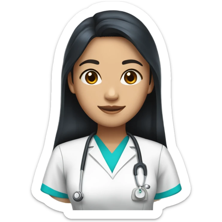 Asian nurse with long straight black hair and tan skin and clear glass in scrubs sticker