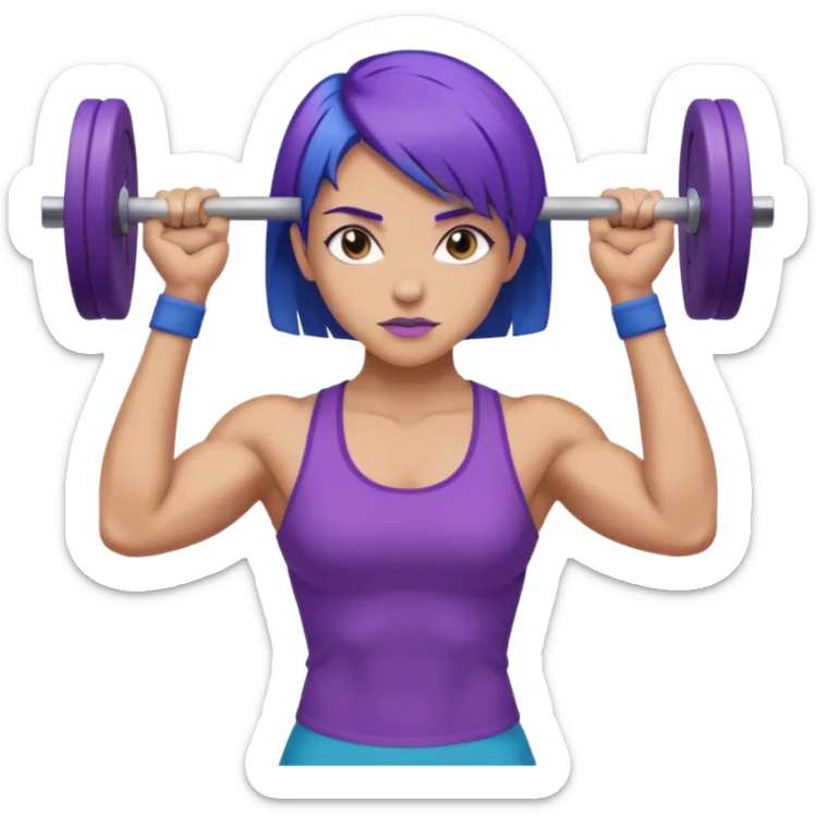 weight lift woman short blue purple har muscles bar is not growing from head sticker