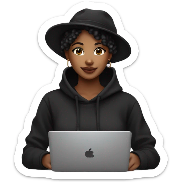 pretty african american girl with black hat and black sweatshirt hoodie pixie cut with laptop sticker